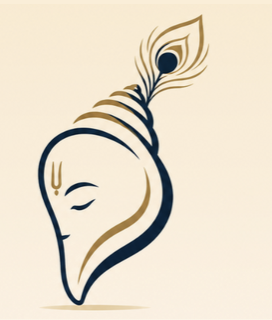 Line drawing of a serene face crowned with a peacock feather, in navy and gold